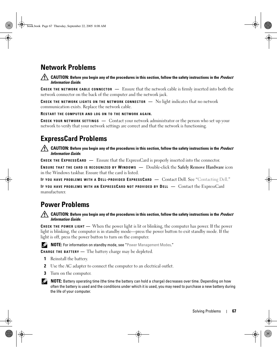 Network problems, Expresscard problems, Power problems | Dell Inspiron 1300 User Manual | Page 67 / 142