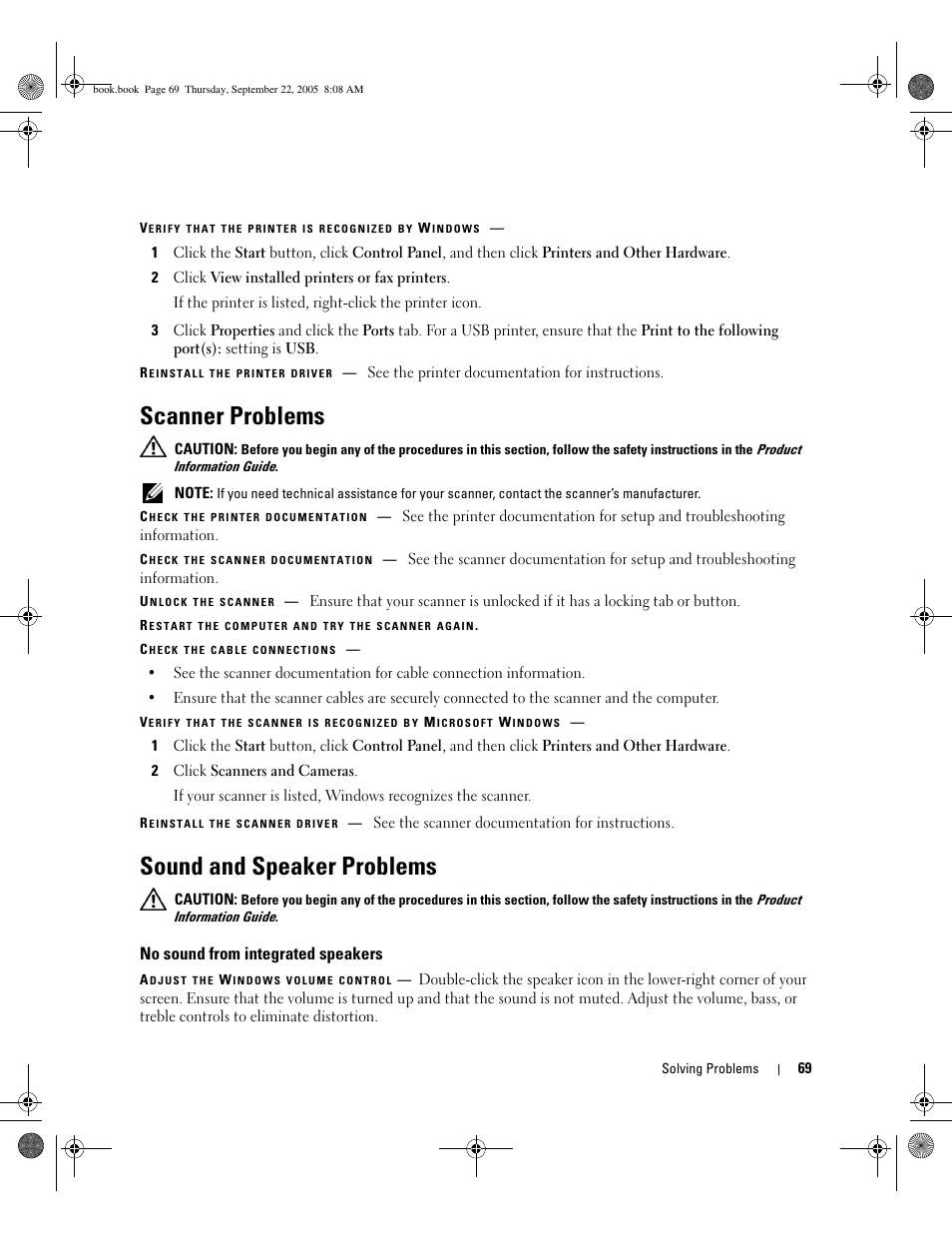 Scanner problems, Sound and speaker problems, No sound from integrated speakers | Dell Inspiron 1300 User Manual | Page 69 / 142