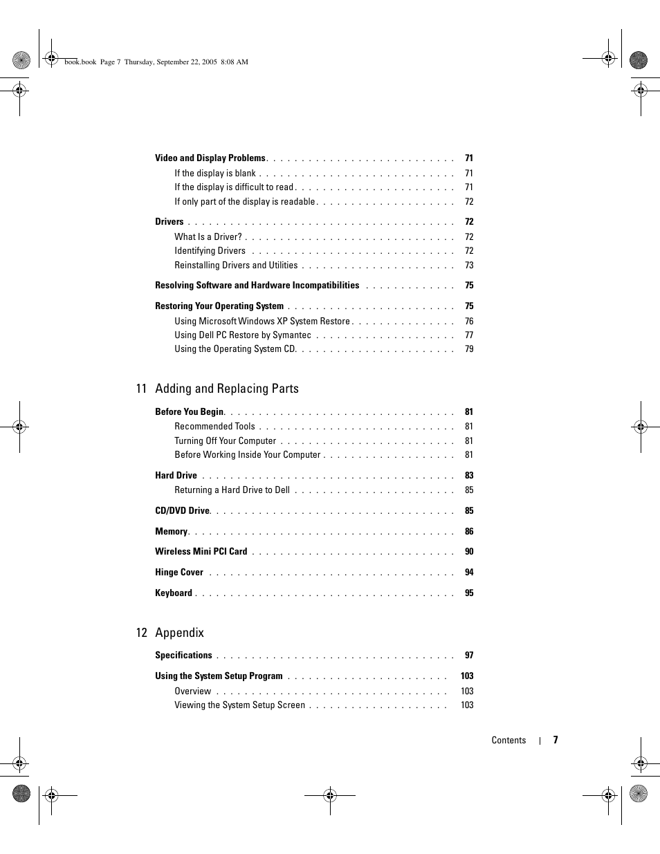 11 adding and replacing parts, 12 appendix | Dell Inspiron 1300 User Manual | Page 7 / 142