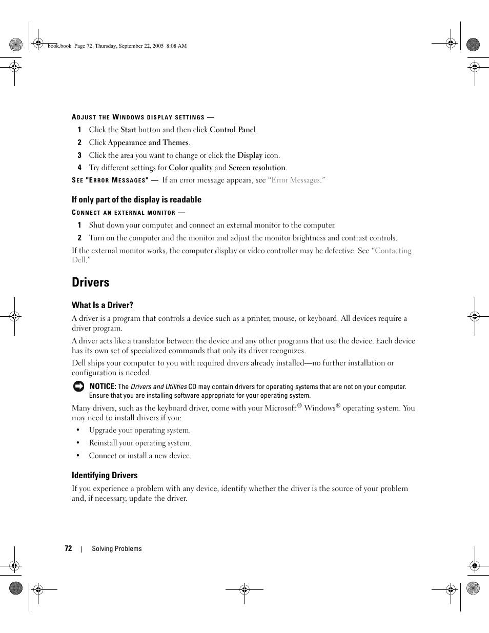 If only part of the display is readable, Drivers, What is a driver | Identifying drivers | Dell Inspiron 1300 User Manual | Page 72 / 142