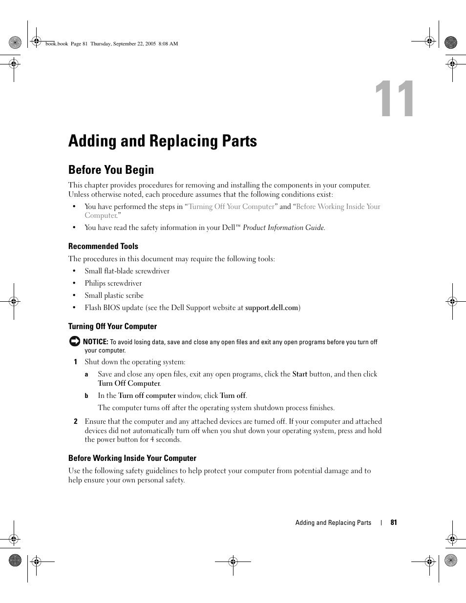 Adding and replacing parts, Before you begin, Recommended tools | Turning off your computer, Before working inside your computer, 11 adding and replacing parts | Dell Inspiron 1300 User Manual | Page 81 / 142