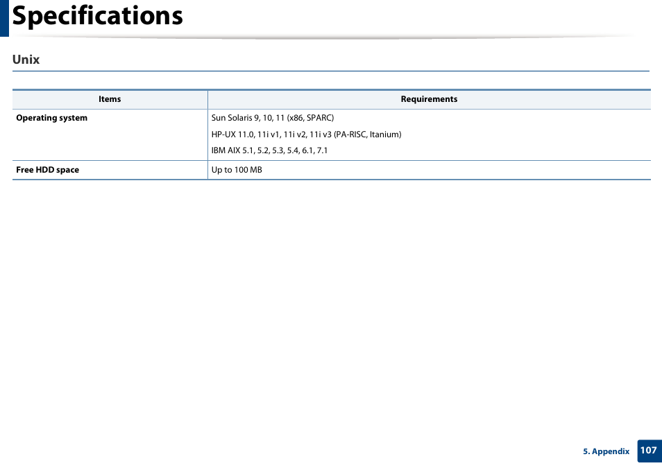 Specifications, Unix | Dell B1265dfw  Multifunction Mono Laser Printer User Manual | Page 107 / 284