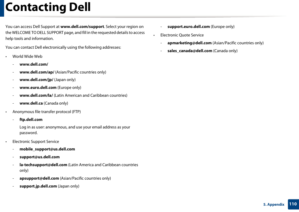 Contacting dell | Dell B1265dfw  Multifunction Mono Laser Printer User Manual | Page 110 / 284