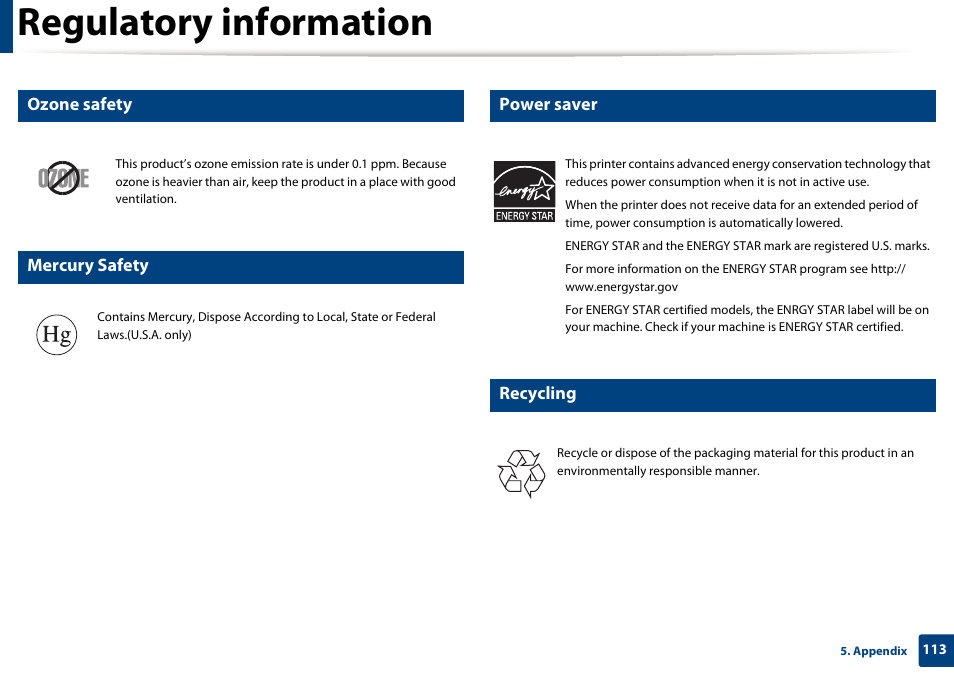 Regulatory information, Ozone safety, Mercury safety | Power saver, Recycling | Dell B1265dfw  Multifunction Mono Laser Printer User Manual | Page 113 / 284