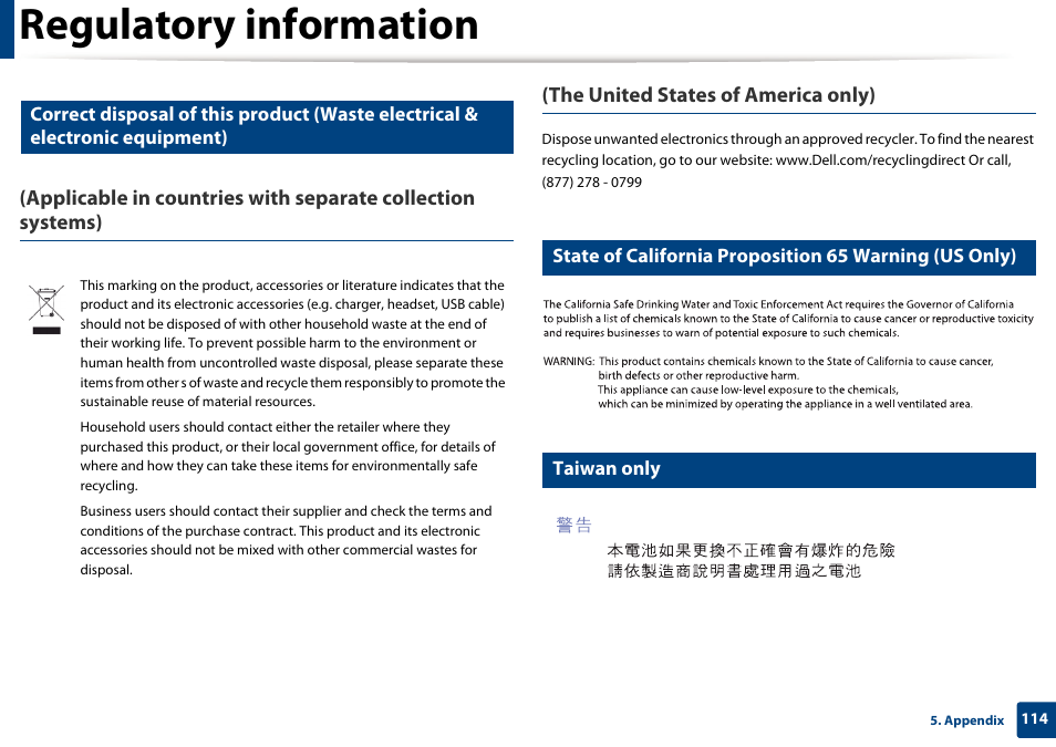 Regulatory information, Taiwan only | Dell B1265dfw  Multifunction Mono Laser Printer User Manual | Page 114 / 284