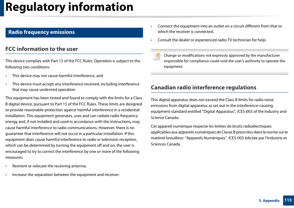 Regulatory information, Fcc information to the user, Canadian radio interference regulations | Radio frequency emissions | Dell B1265dfw  Multifunction Mono Laser Printer User Manual | Page 115 / 284