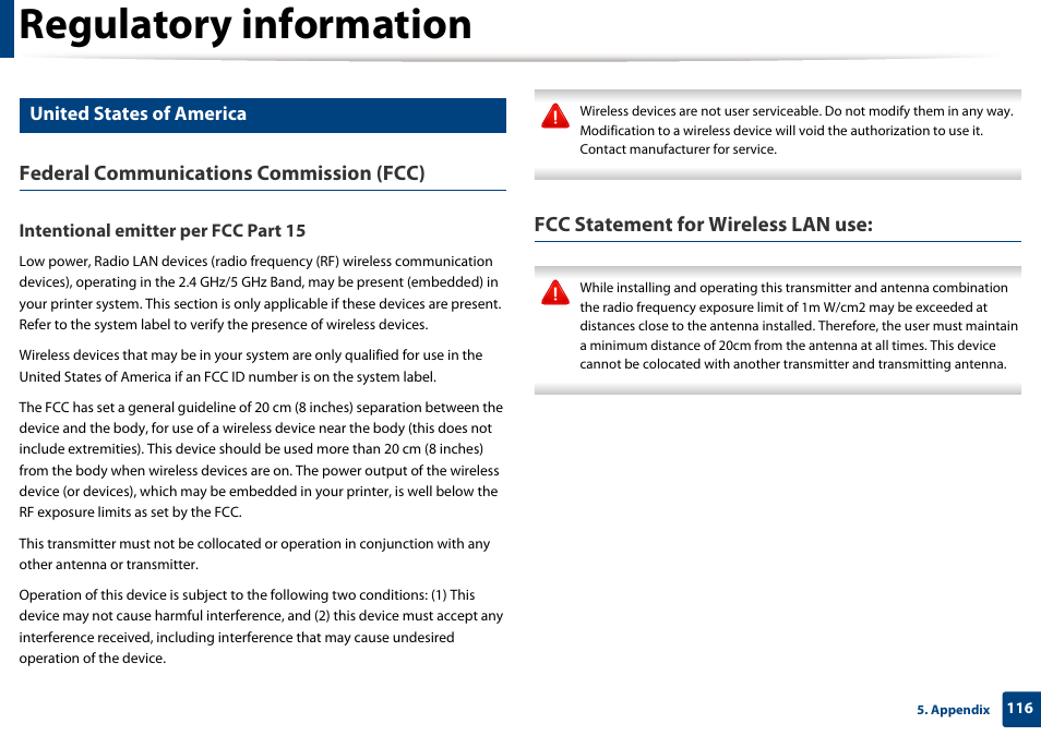 Regulatory information, Federal communications commission (fcc), Fcc statement for wireless lan use | United states of america | Dell B1265dfw  Multifunction Mono Laser Printer User Manual | Page 116 / 284