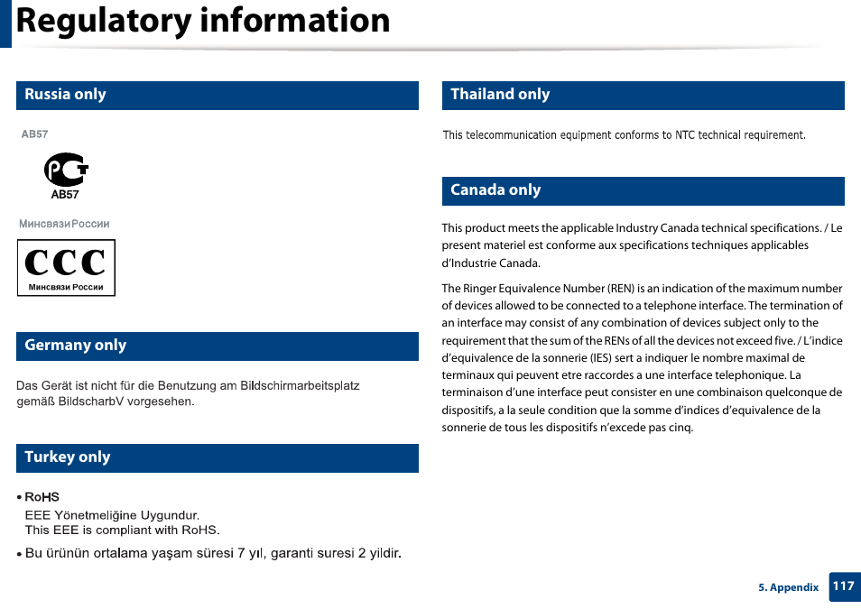 Regulatory information, Russia only, Germany only | Turkey only, Thailand only, Canada only | Dell B1265dfw  Multifunction Mono Laser Printer User Manual | Page 117 / 284