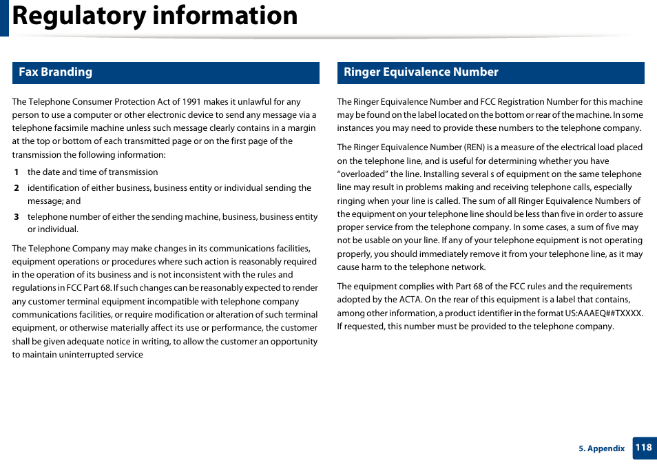Regulatory information, Fax branding, Ringer equivalence number | Dell B1265dfw  Multifunction Mono Laser Printer User Manual | Page 118 / 284