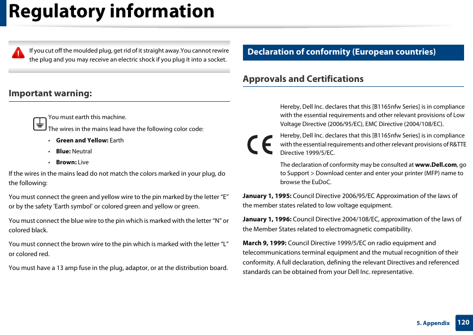Regulatory information, Important warning, Approvals and certifications | Declaration of conformity (european countries) | Dell B1265dfw  Multifunction Mono Laser Printer User Manual | Page 120 / 284
