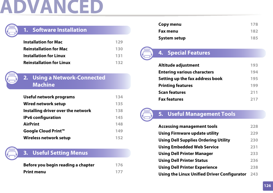 Advanced, Software installation, Using a network-connected machine | Useful setting menus, Special features, Useful management tools | Dell B1265dfw  Multifunction Mono Laser Printer User Manual | Page 126 / 284