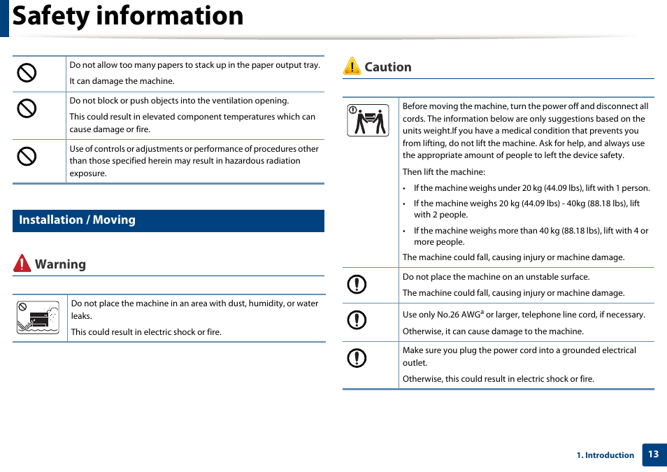 Safety information, Warning caution, Installation / moving | Dell B1265dfw  Multifunction Mono Laser Printer User Manual | Page 13 / 284