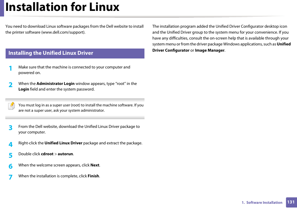 Installation for linux | Dell B1265dfw  Multifunction Mono Laser Printer User Manual | Page 131 / 284