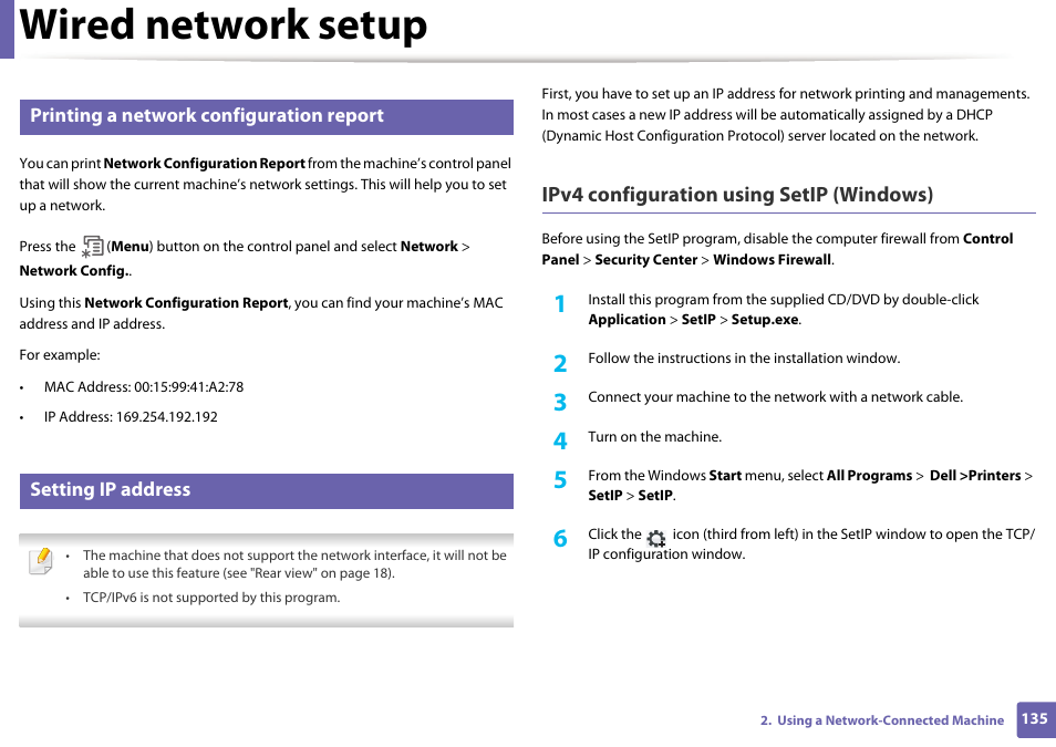 Wired network setup, Ipv4 configuration using setip (windows), Printing a network configuration report | Setting ip address | Dell B1265dfw  Multifunction Mono Laser Printer User Manual | Page 135 / 284