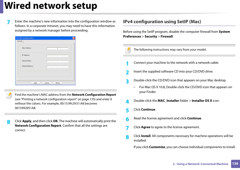 Wired network setup, Ipv4 configuration using setip (mac) | Dell B1265dfw  Multifunction Mono Laser Printer User Manual | Page 136 / 284