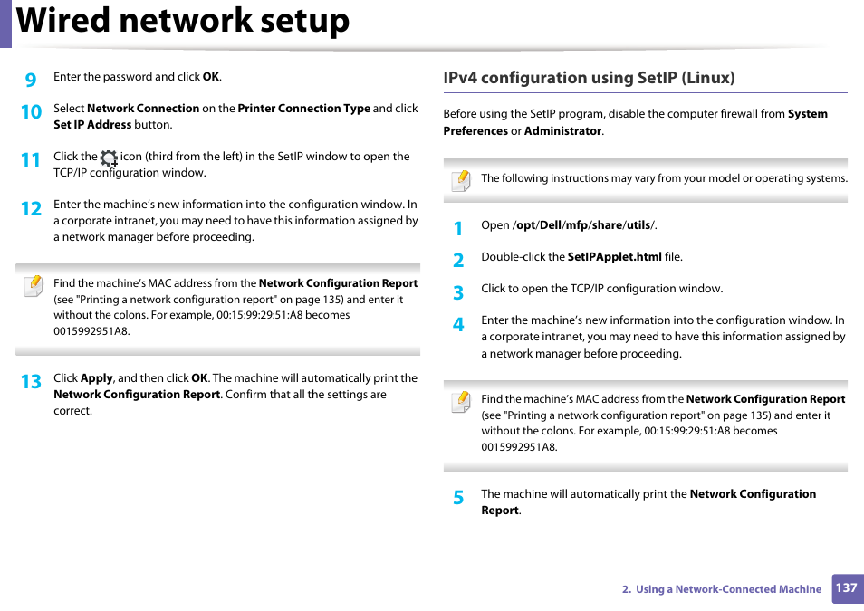 Wired network setup, Ipv4 configuration using setip (linux) | Dell B1265dfw  Multifunction Mono Laser Printer User Manual | Page 137 / 284