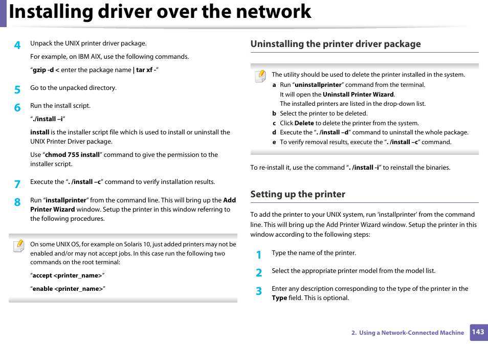 Installing driver over the network, Uninstalling the printer driver package, Setting up the printer | Dell B1265dfw  Multifunction Mono Laser Printer User Manual | Page 143 / 284