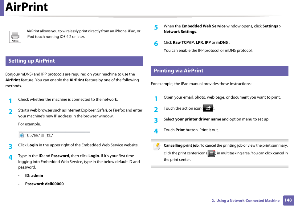 Airprint | Dell B1265dfw  Multifunction Mono Laser Printer User Manual | Page 148 / 284