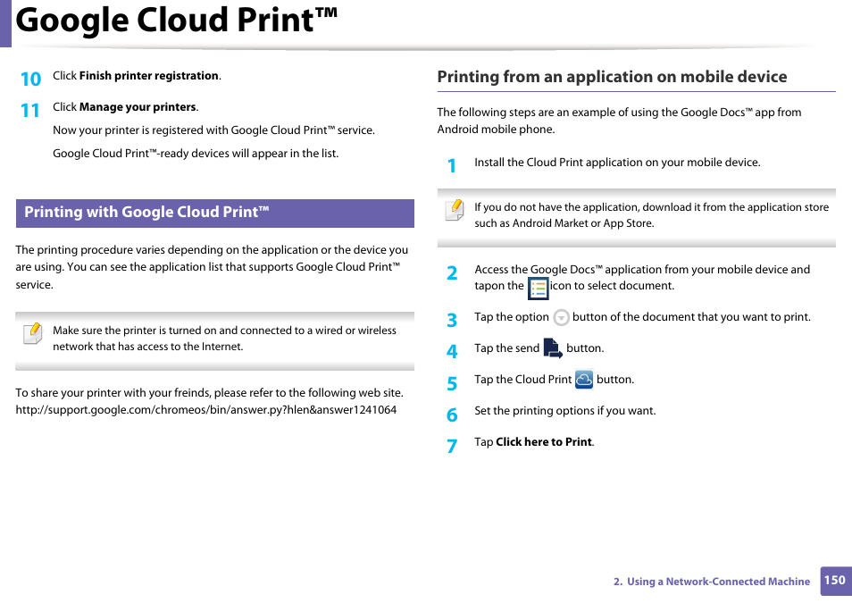 Google cloud print, Printing from an application on mobile device | Dell B1265dfw  Multifunction Mono Laser Printer User Manual | Page 150 / 284