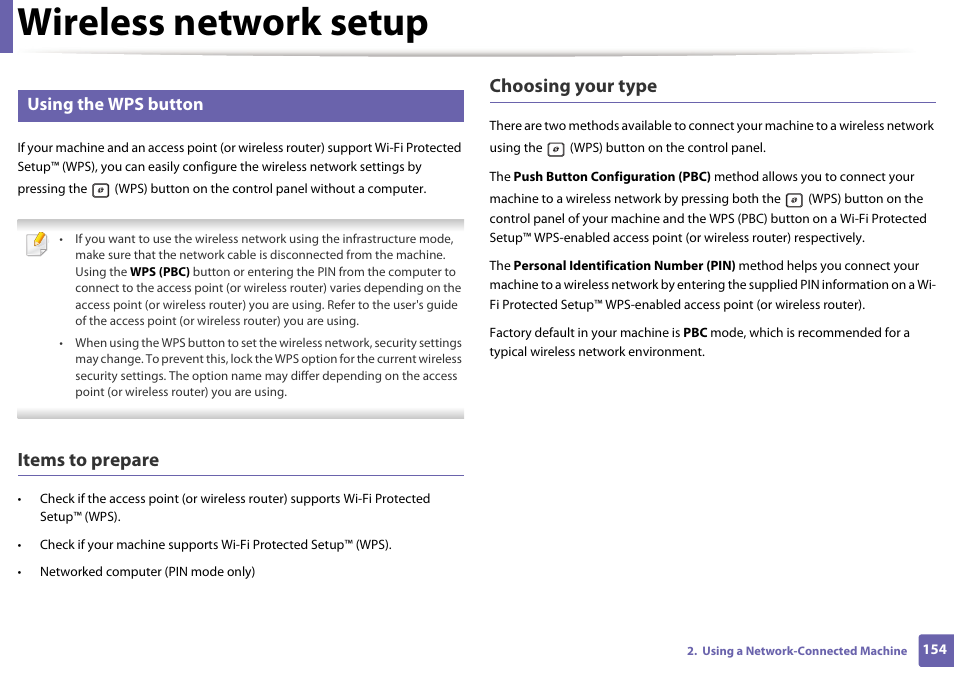 Wireless network setup, Items to prepare, Choosing your type | Using the wps button | Dell B1265dfw  Multifunction Mono Laser Printer User Manual | Page 154 / 284