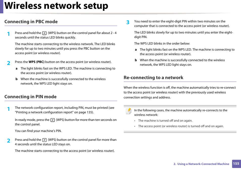 Wireless network setup, Connecting in pbc mode, Connecting in pin mode | Re-connecting to a network | Dell B1265dfw  Multifunction Mono Laser Printer User Manual | Page 155 / 284