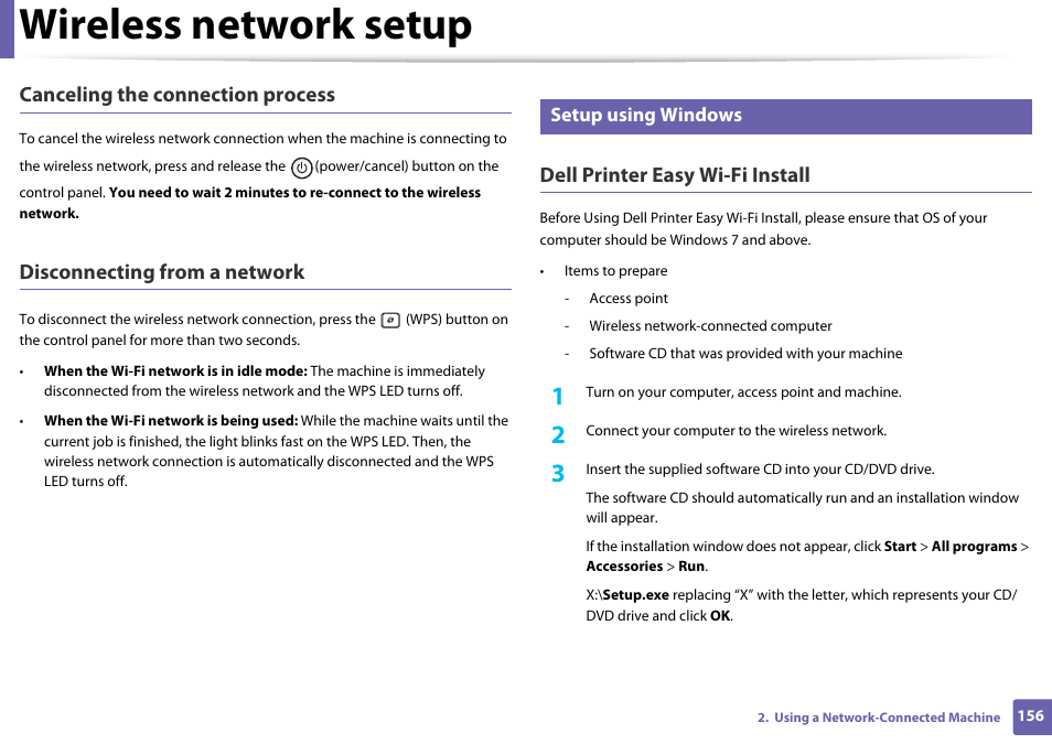 Wireless network setup, Canceling the connection process, Disconnecting from a network | Dell printer easy wi-fi install | Dell B1265dfw  Multifunction Mono Laser Printer User Manual | Page 156 / 284