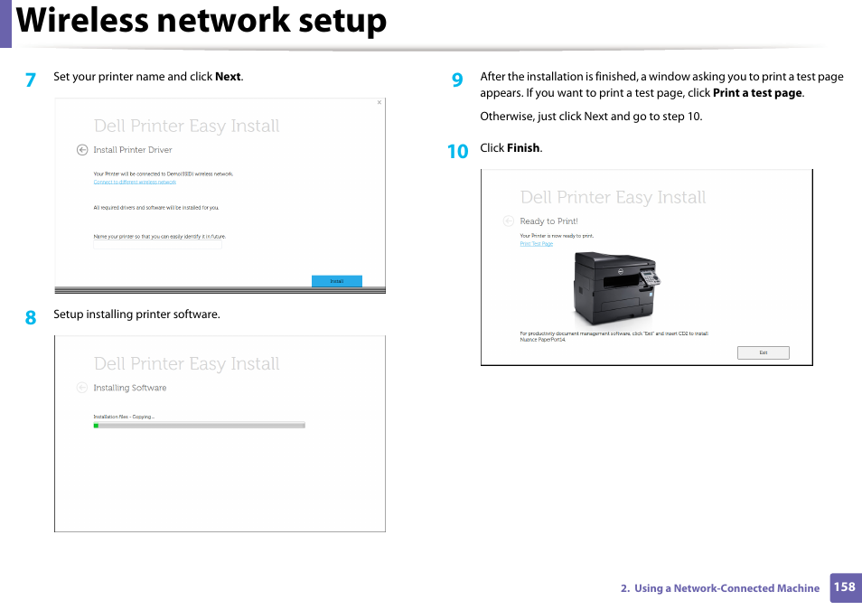 Wireless network setup | Dell B1265dfw  Multifunction Mono Laser Printer User Manual | Page 158 / 284