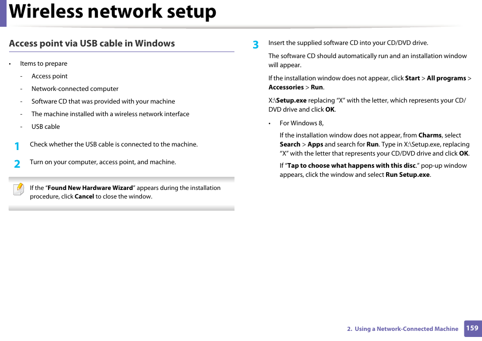 Wireless network setup, Access point via usb cable in windows | Dell B1265dfw  Multifunction Mono Laser Printer User Manual | Page 159 / 284