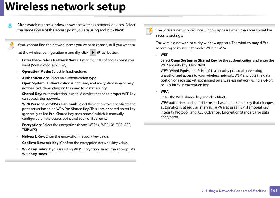 Wireless network setup | Dell B1265dfw  Multifunction Mono Laser Printer User Manual | Page 161 / 284