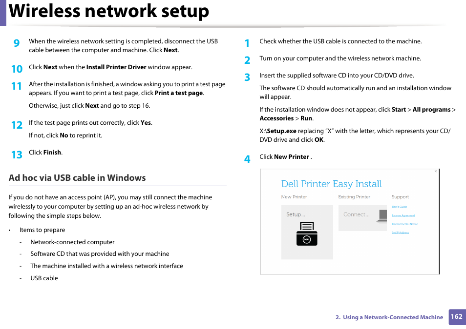 Wireless network setup | Dell B1265dfw  Multifunction Mono Laser Printer User Manual | Page 162 / 284