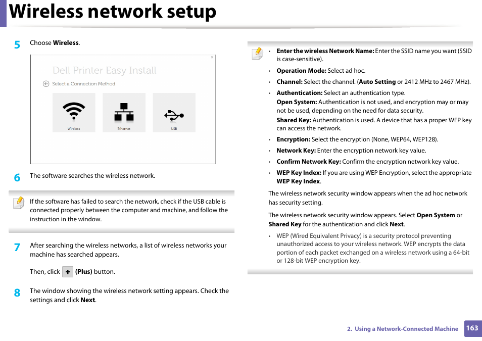 Wireless network setup | Dell B1265dfw  Multifunction Mono Laser Printer User Manual | Page 163 / 284