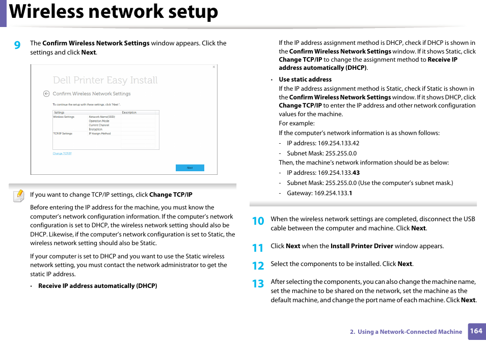 Wireless network setup | Dell B1265dfw  Multifunction Mono Laser Printer User Manual | Page 164 / 284