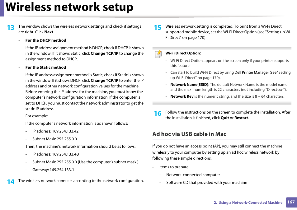 Wireless network setup, Ad hoc via usb cable in mac | Dell B1265dfw  Multifunction Mono Laser Printer User Manual | Page 167 / 284