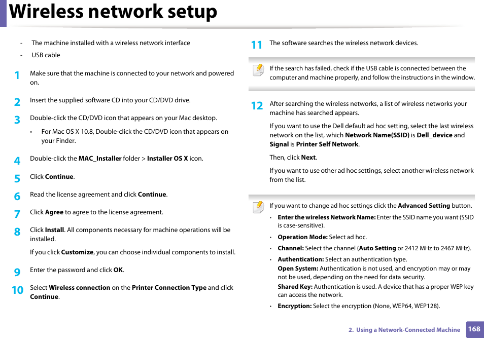Wireless network setup | Dell B1265dfw  Multifunction Mono Laser Printer User Manual | Page 168 / 284