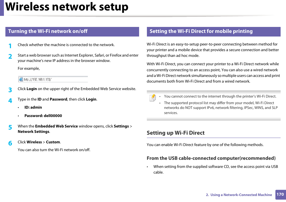 Dell printer manager (see, Setting, Wireless network setup | Setting up wi-fi direct, Turning the wi-fi network on/off, Setting the wi-fi direct for mobile printing | Dell B1265dfw  Multifunction Mono Laser Printer User Manual | Page 170 / 284