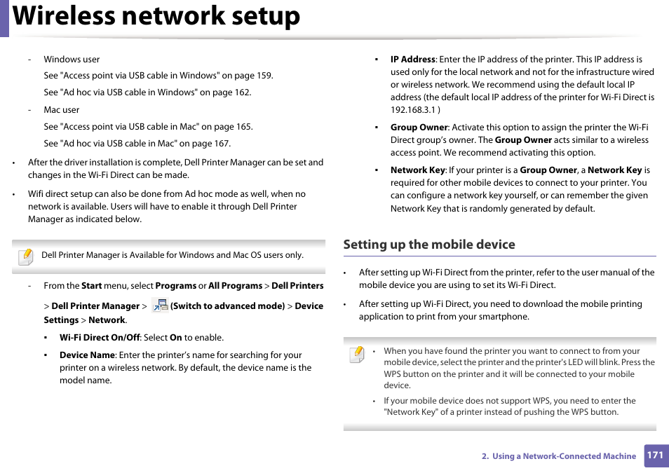 Wireless network setup, Setting up the mobile device | Dell B1265dfw  Multifunction Mono Laser Printer User Manual | Page 171 / 284