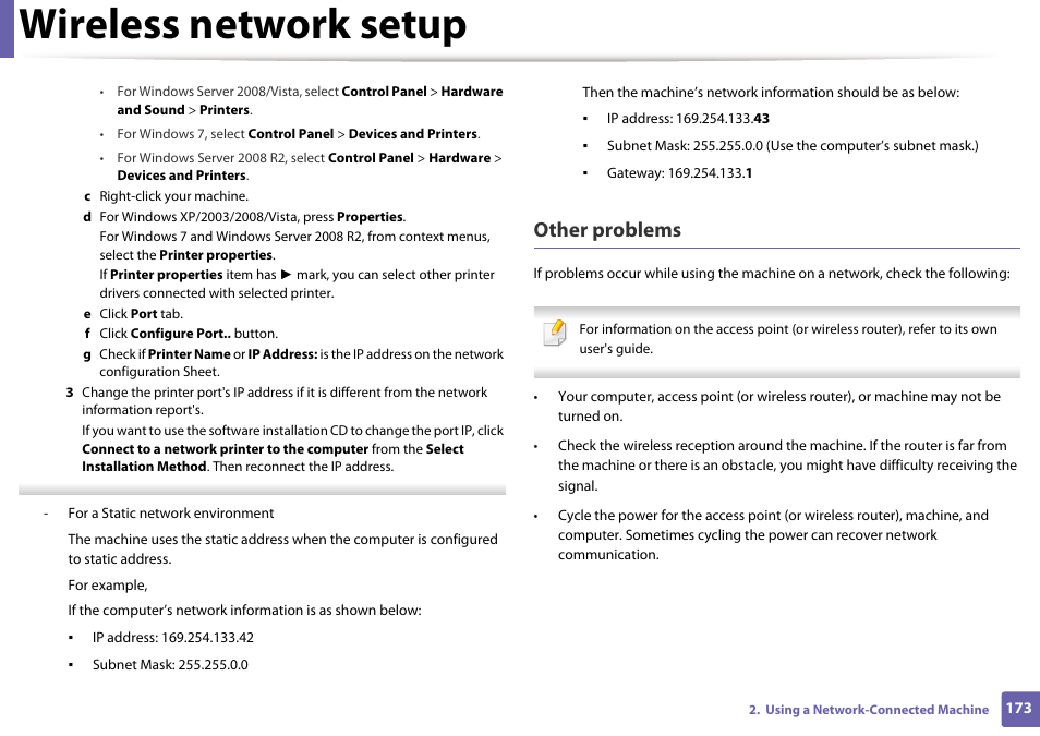 Wireless network setup, Other problems | Dell B1265dfw  Multifunction Mono Laser Printer User Manual | Page 173 / 284