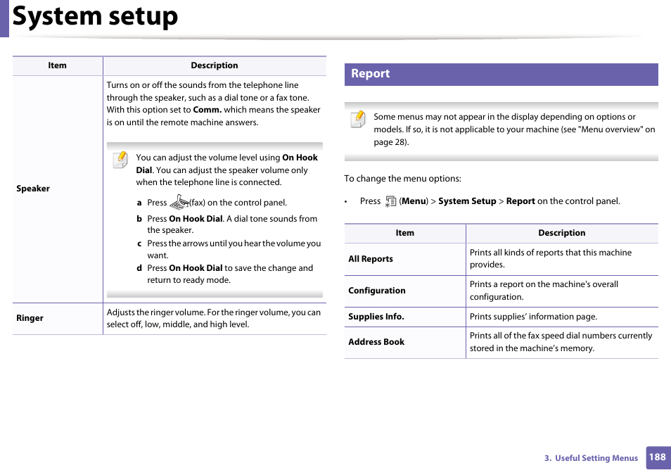 System setup, Report | Dell B1265dfw  Multifunction Mono Laser Printer User Manual | Page 188 / 284
