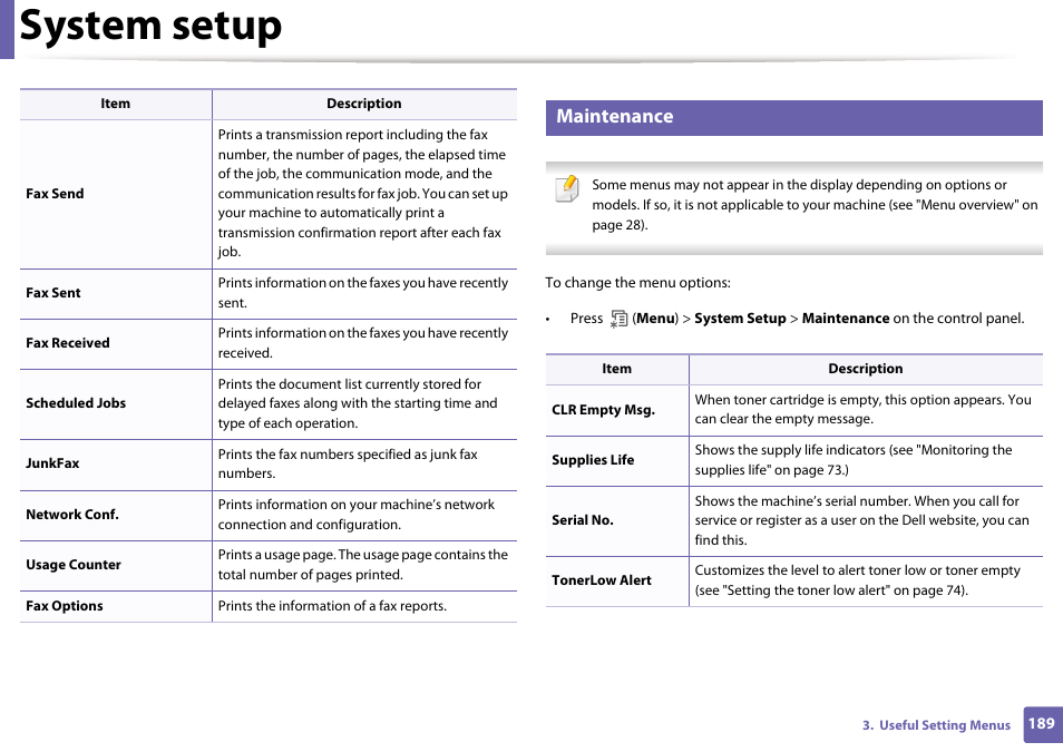 System setup, Maintenance | Dell B1265dfw  Multifunction Mono Laser Printer User Manual | Page 189 / 284