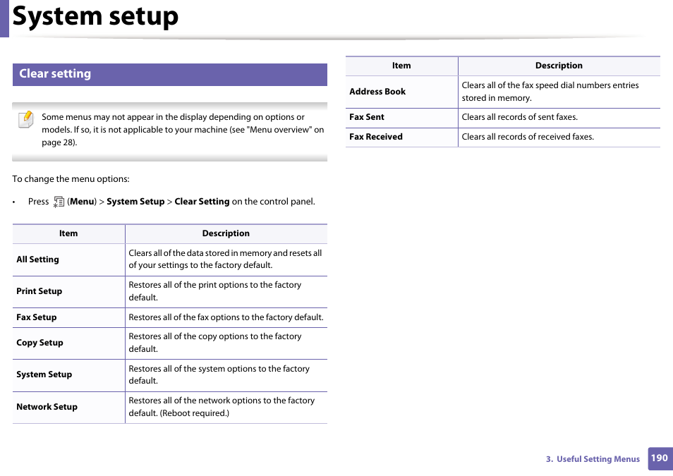 System setup, Clear setting | Dell B1265dfw  Multifunction Mono Laser Printer User Manual | Page 190 / 284