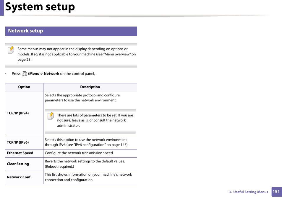 System setup, Network setup | Dell B1265dfw  Multifunction Mono Laser Printer User Manual | Page 191 / 284