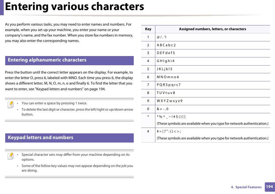 Entering various characters, Entering alphanumeric characters, Keypad letters and numbers | Dell B1265dfw  Multifunction Mono Laser Printer User Manual | Page 194 / 284