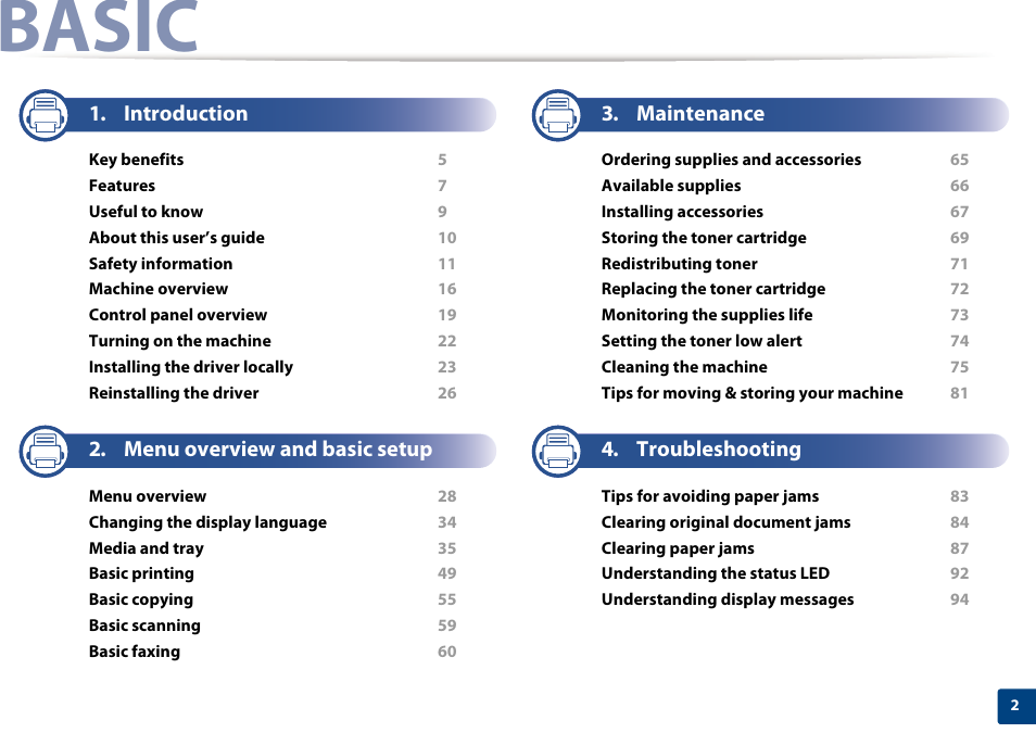 Basic, Introduction, Menu overview and basic setup | Maintenance, Troubleshooting | Dell B1265dfw  Multifunction Mono Laser Printer User Manual | Page 2 / 284