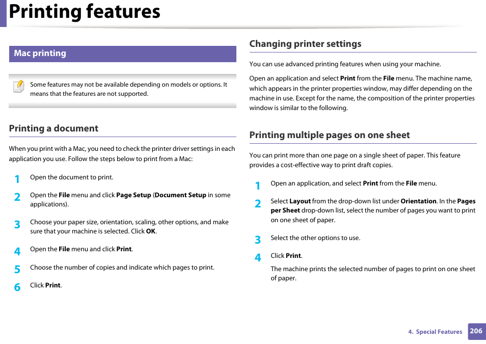 Printing features | Dell B1265dfw  Multifunction Mono Laser Printer User Manual | Page 206 / 284