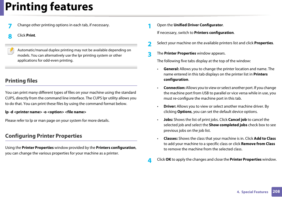 Printing features, Printing files, Configuring printer properties | Dell B1265dfw  Multifunction Mono Laser Printer User Manual | Page 208 / 284
