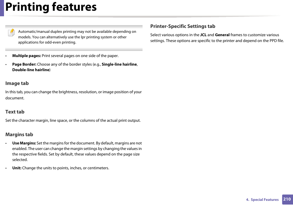 Printing features | Dell B1265dfw  Multifunction Mono Laser Printer User Manual | Page 210 / 284