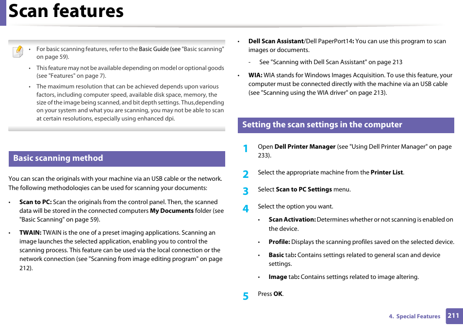 Scan features, Basic scanning method, Setting the scan settings in the computer | Dell B1265dfw  Multifunction Mono Laser Printer User Manual | Page 211 / 284