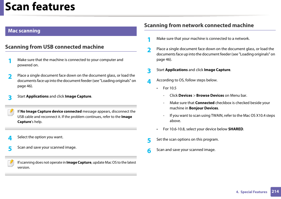 Scan features, Scanning from usb connected machine, Scanning from network connected machine | Dell B1265dfw  Multifunction Mono Laser Printer User Manual | Page 214 / 284