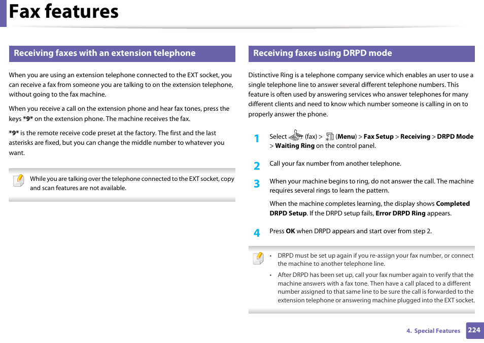 Fax features, Receiving faxes with an extension telephone, Receiving faxes using drpd mode | Dell B1265dfw  Multifunction Mono Laser Printer User Manual | Page 224 / 284