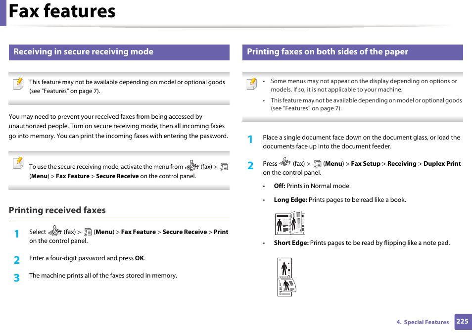 Fax features, Printing received faxes, Receiving in secure receiving mode | Printing faxes on both sides of the paper | Dell B1265dfw  Multifunction Mono Laser Printer User Manual | Page 225 / 284